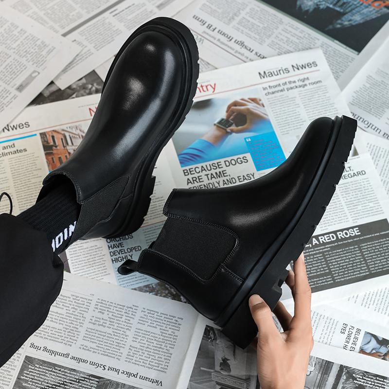 Fashion Leather Boots Lace Up Ankle Boots Low Heels Men Casual Platform Chelsea Boots Men's Boots Wedding Shoes Winter Plush