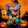 Women's Halloween Print V-Neck Long Sleeve T-Shirt with Sleeves and Pleated Button Front