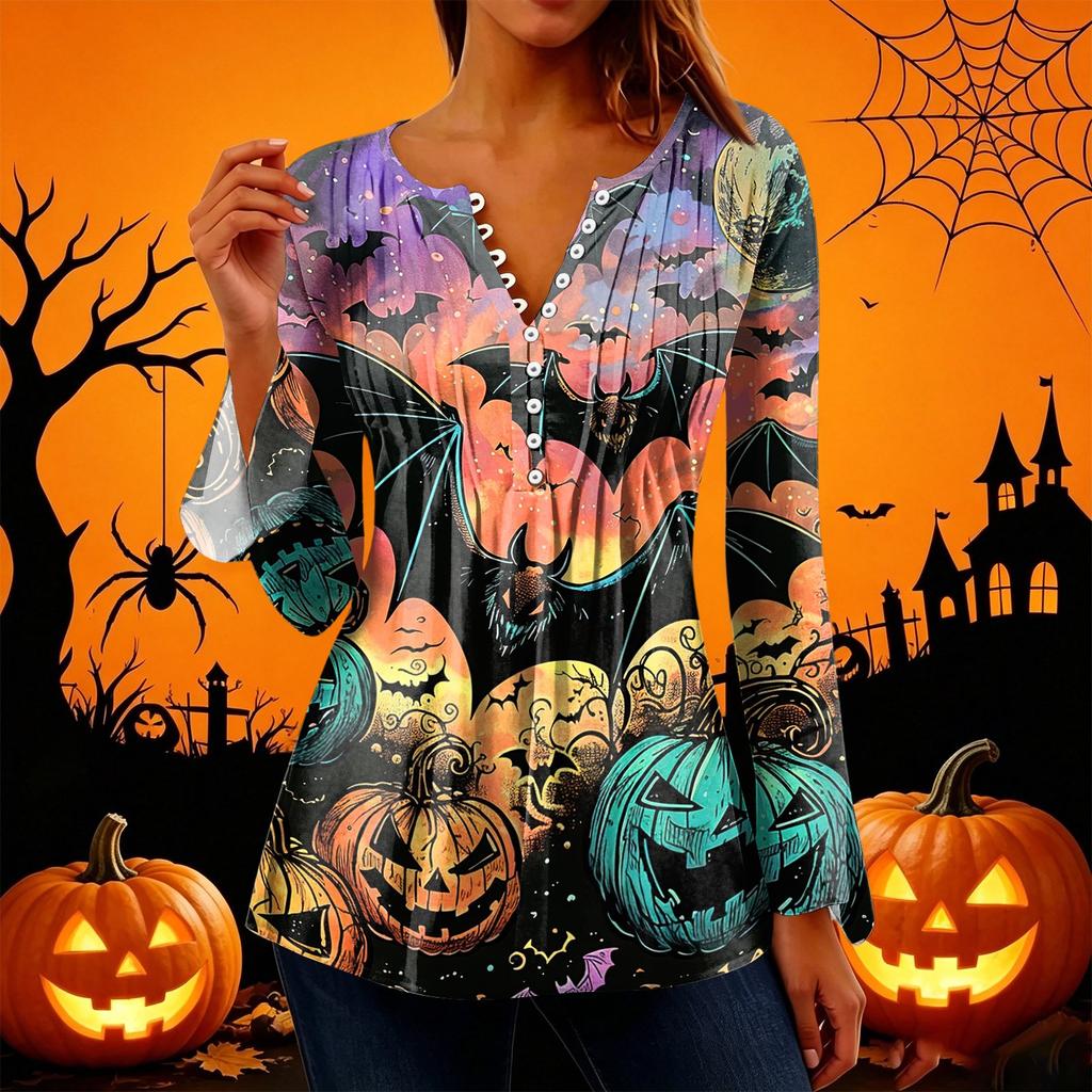 Women's Halloween Print V-Neck Long Sleeve T-Shirt with Sleeves and Pleated Button Front