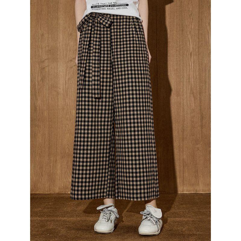 Coolhut High-Waisted Casual Plaid Wide-Leg Pants for Women, Retro Design, Simple and Elegant, 2025 Summer Casual Pants