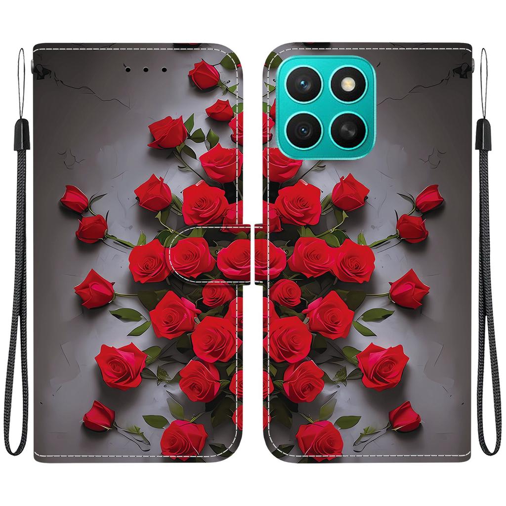 Handgefertigte PU-Leder-Flip-Hülle für Honor X8c Rutschfeste Stoßfeste Hülle mit Handschlaufe & Herz/Rose Katze Designs