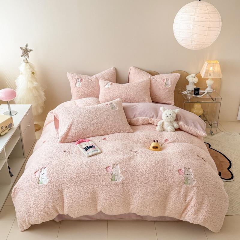 Winter A-class Lamb Plush Cute Rabbit Plush Embroidered Four Piece Set Thick Warm Duvet Cover Double-sided Plush Bedroom Bedding