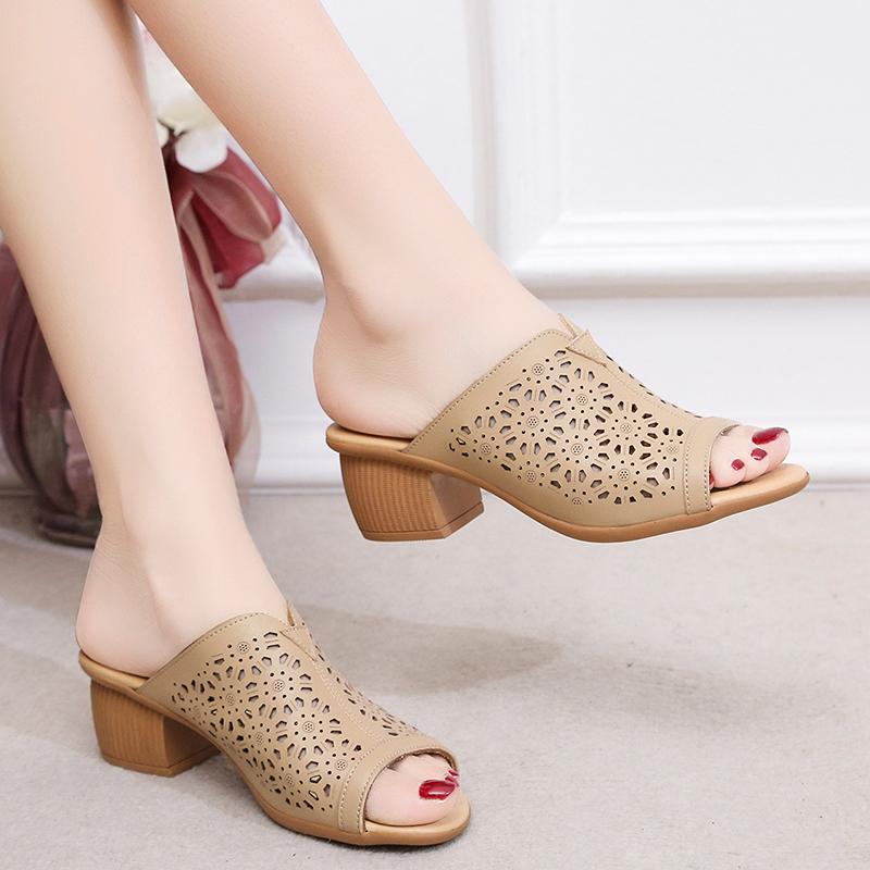Retro Thick Middle-heeled Fish Mouth Sandals Female 2025 Summer Fashion Hollow Sandals Outer Wear Slippers Open Toe Mules