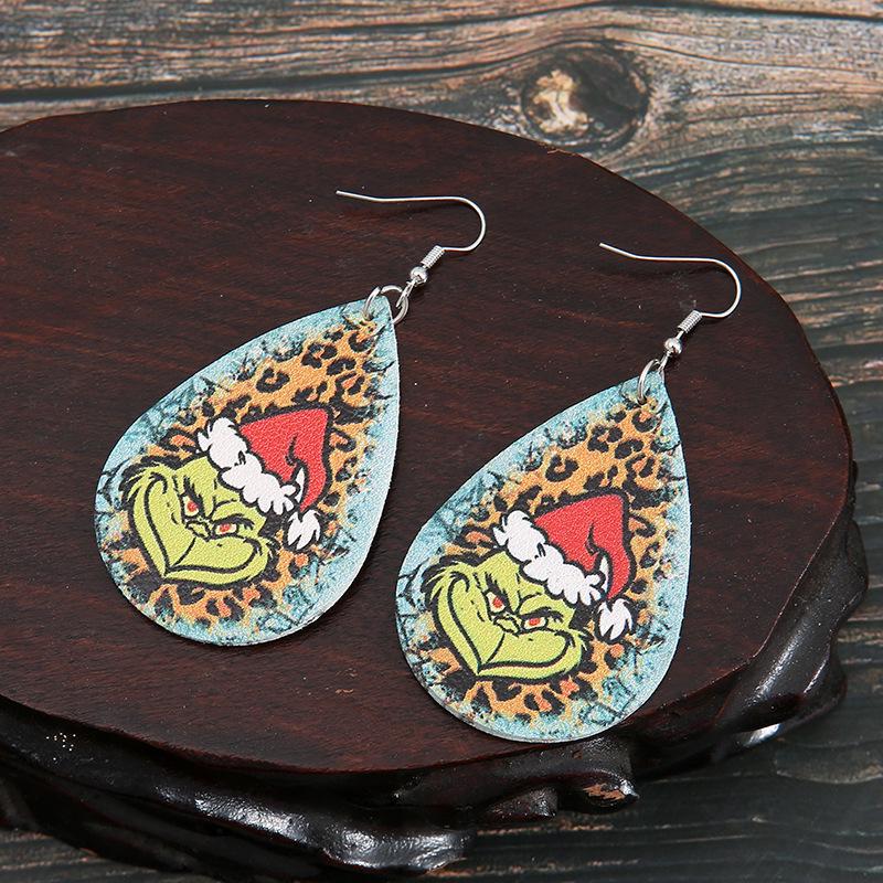European and American Christmas Grinch Double-sided Leopard Print Leather Earrings