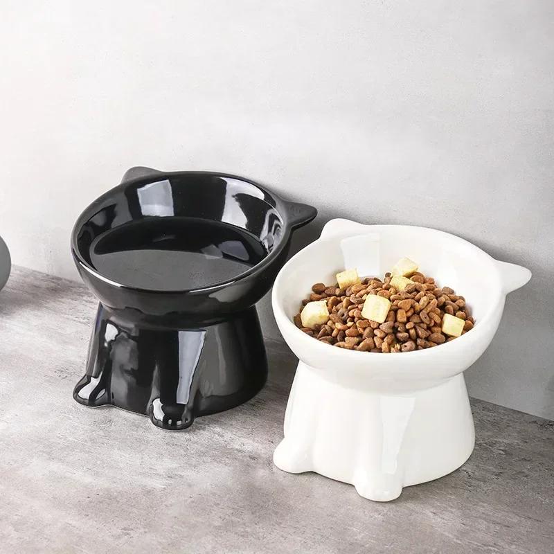 Hot High footed ceramic cat bowl cat shaped pet food bowl slanted mouth anti black chin cat bowl niversal pet bowl for cats dogs