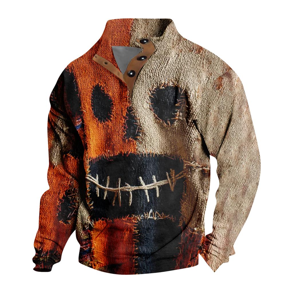 Men's Casual Fashion Christmas Printed Hoodless Sweatshirt Wide Men's Loose Button Stand Collar Hooded Sweatshirt