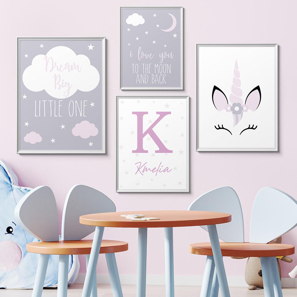 Nordic Custom Personalize Name Cartoon Unicorn Wall Art Canvas Painting Poster Picture For Nursery Kids Girl Room Home Decor