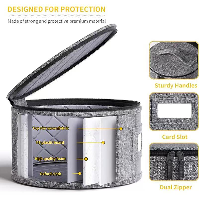 Round Dinner Plate Storage Box with Lid - Dustproof Fabric Bin with Needle-Punched Cotton