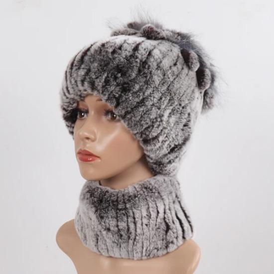 Knitted Women Warm Rex Rabbit Fur Hat Scarf Sets Winter Natural Rex Rabbit Fur Cap Scarves Russia Lady Fur Hats Muffler 2 Pieces