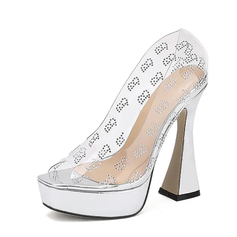 

Серебристые босоножки на платформе со стразами, женские сексуальные босоножки с открытым носком из ПВХ, прозрачные туфли на высоком каблуке для свадебного банкета для женщин 35 серебряный