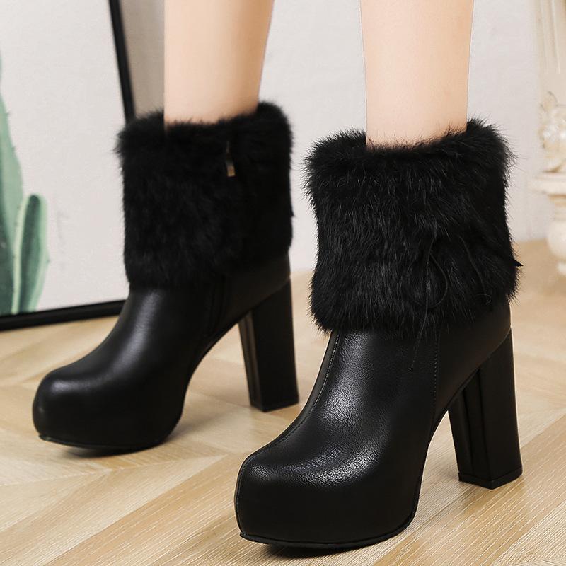 Autumn and winter thick heel Martin boots women's high heel warm short boots bow large size women's short boots