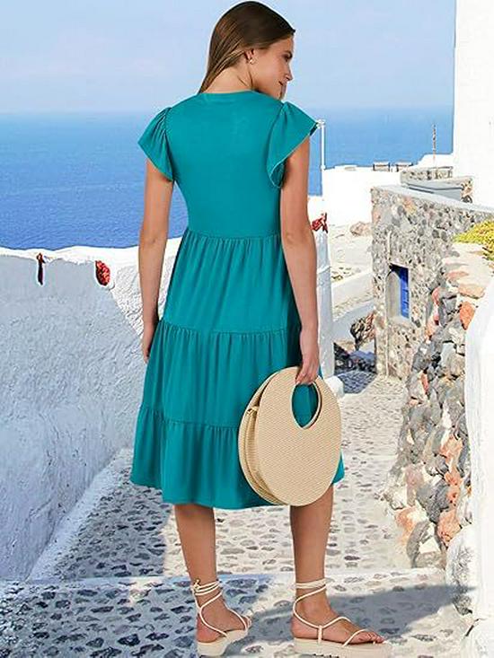 2025 Women's V-Neck Ruffle Sleeve Patchwork Midi Dress with Pockets