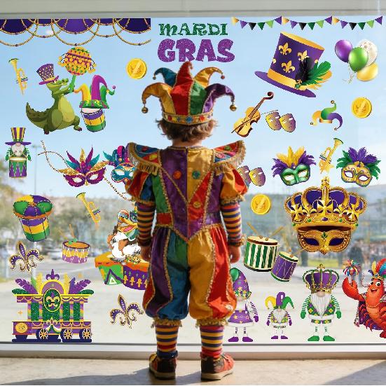 9 Sheet Mardi Gras Window Clings Mardi Gras Party Decorations Carnival Mask Fat Tuesday Lobster Reble Window Stickers Double-Sided for Masquerade