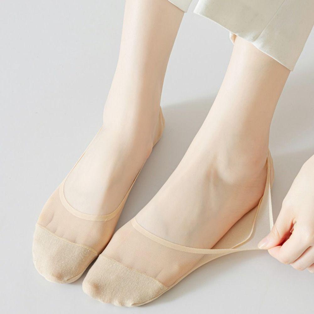Halkfria Dam Båtsockor Bomullsbotten Isilke Strumpor Mode Osynliga Båtsockor Sommar