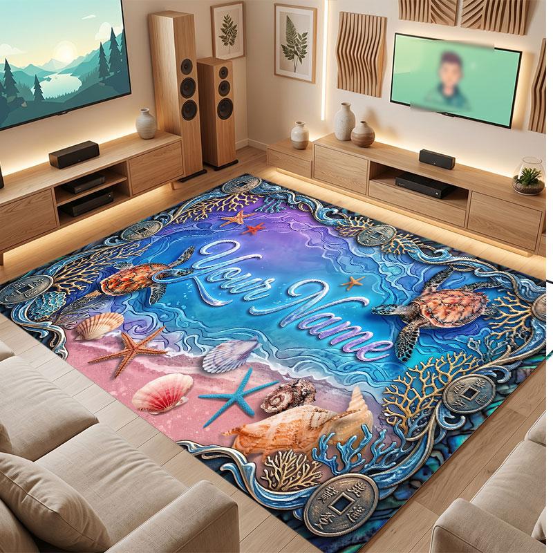 Octopus Sea Life Theme Crystal Velvet Floor Rug Personalized Custom Name Text Warm Carpet Home Decoration