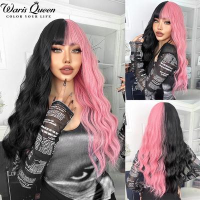 Long Wavy Black And Pink Synthetic Wig for Women With Bangs Natural Heat Resistant Part Cosplay Party Lolita Daily Hair Wigs