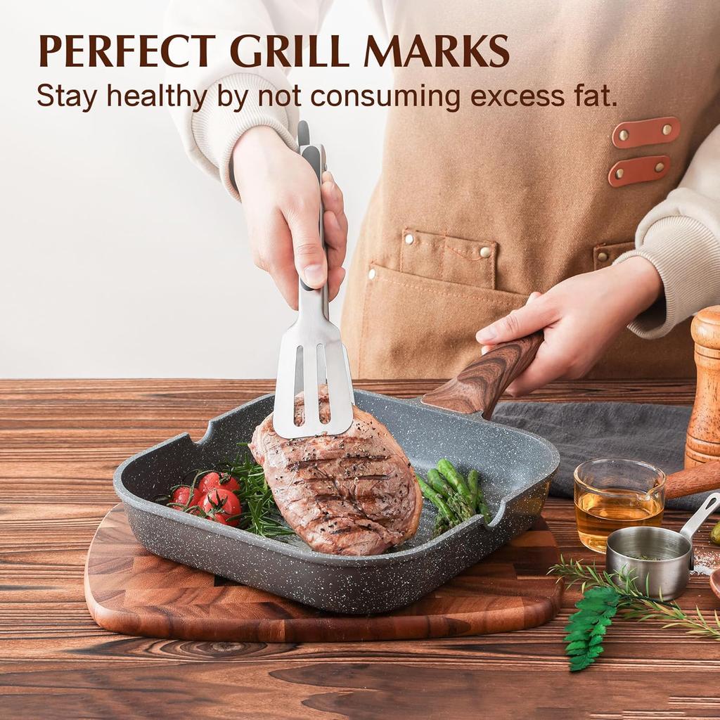 Nonstick Grill Pan for Stove Tops, Versatile Griddle with Pour Spouts, Square Big Cooking Surface, Durable Skillet