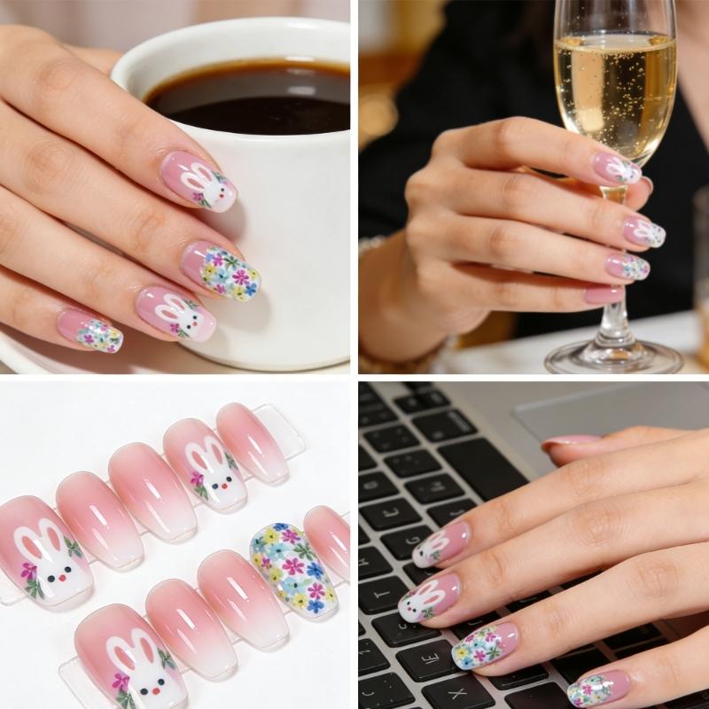 ABS Material Short Square Artificial Nail Featuring Rabbit Patterns And Floral Art For Festive Occasions