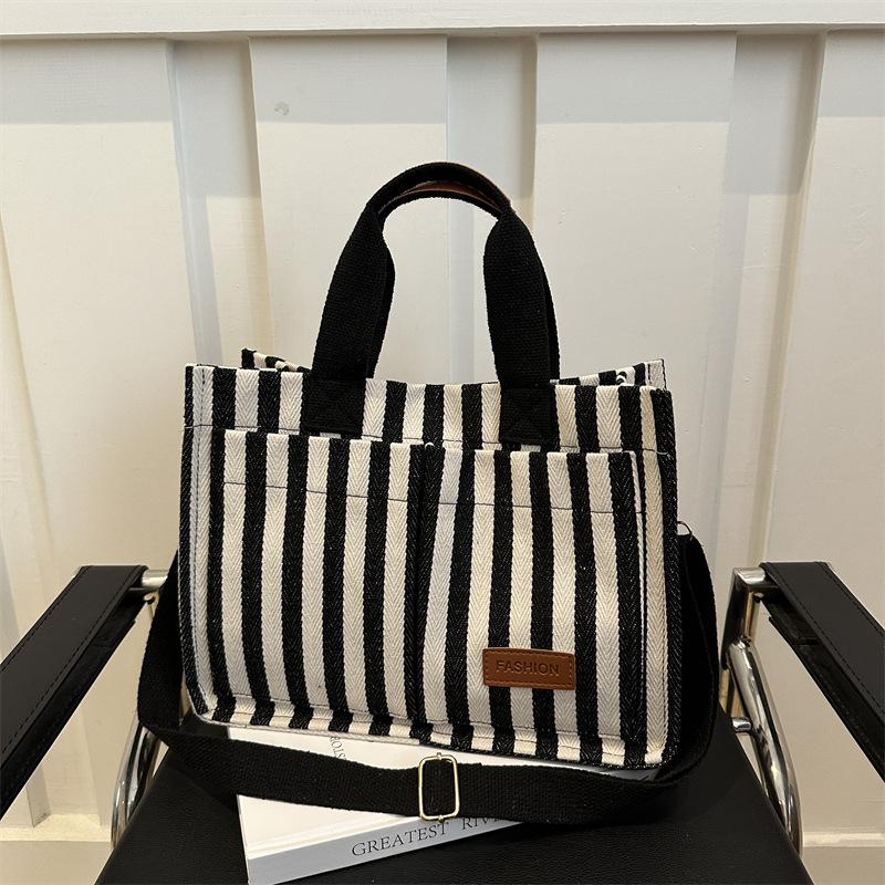 Women Large Capacity Striped Commute Tote Bag Casual Shoulder Crossbody Handbag