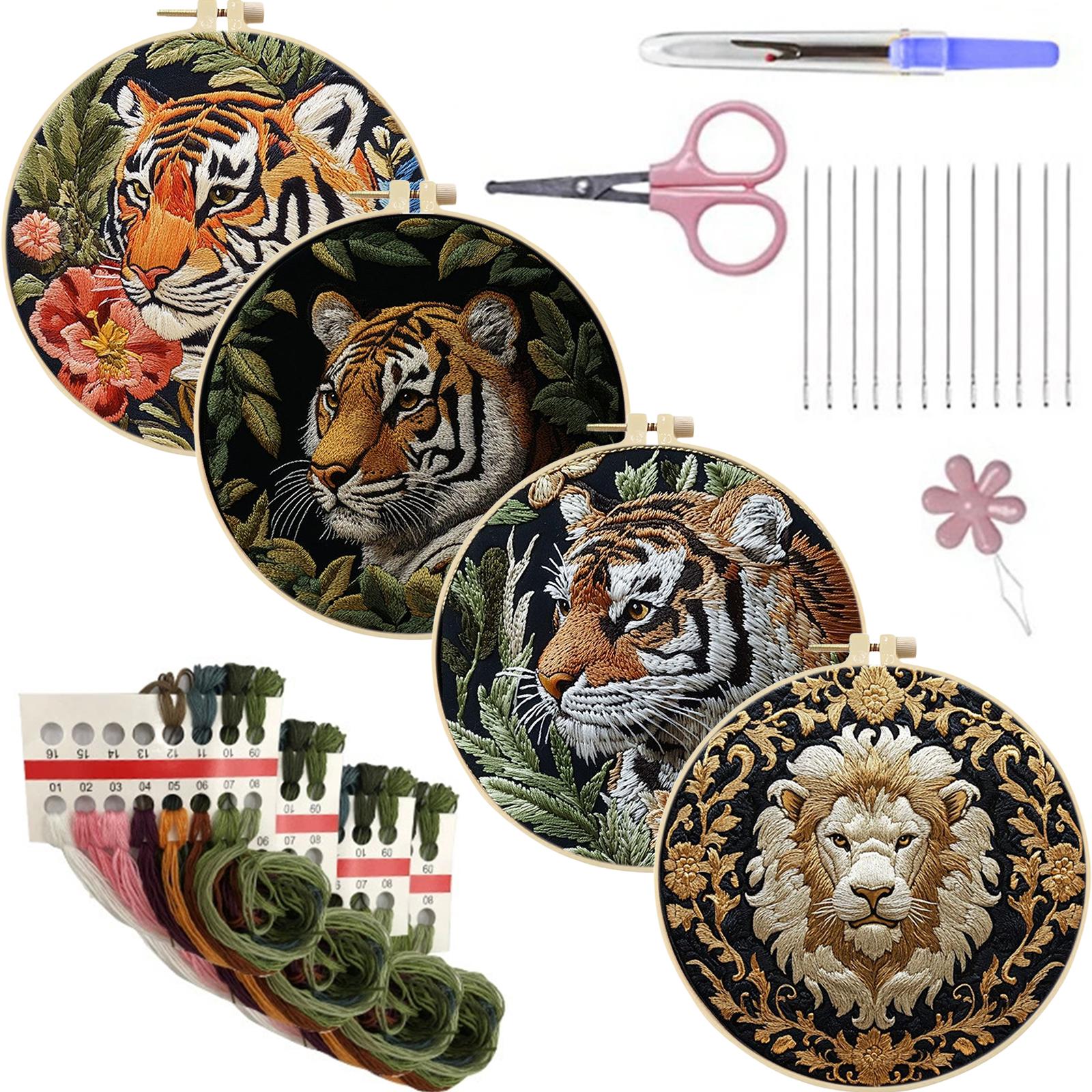 

4 Pack Embroidery Kit with Cute Animal Patterns Cross Stitch Set with Embroidery Hoop Needles Threads Instruction for Adults тигровий