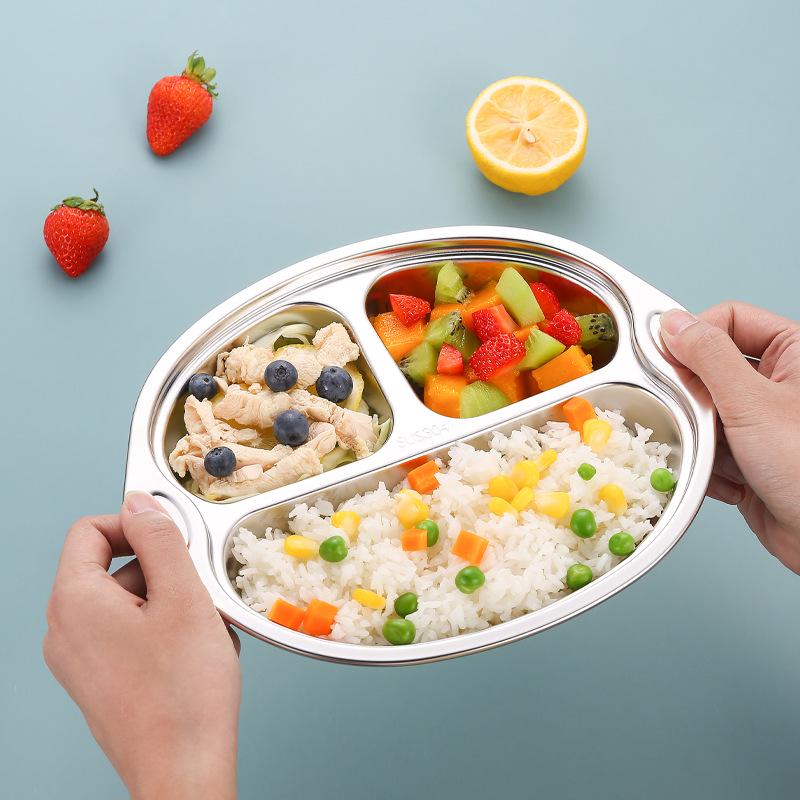 Creative 304 Stainless Steel Children's Divided Plate - Cartoon Anti-fall Design for Kindergarten and Baby Tableware.