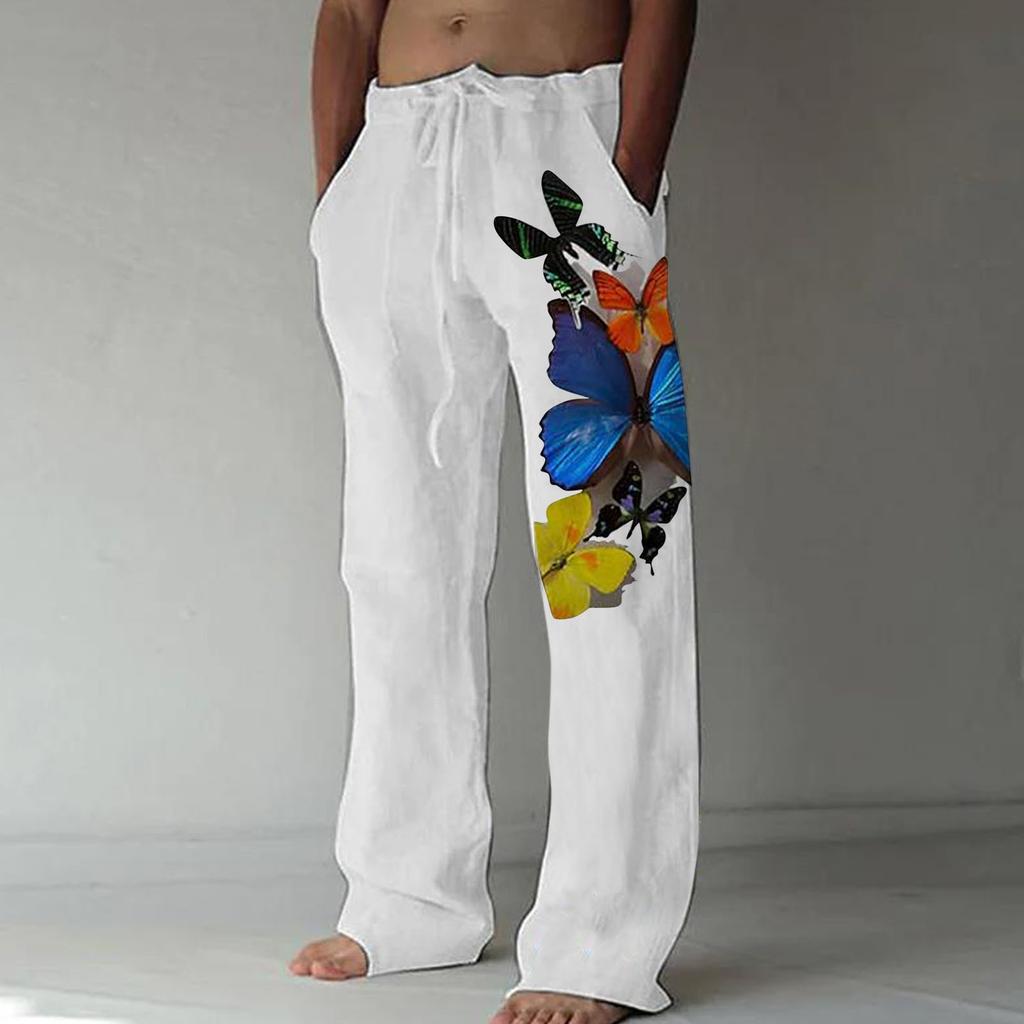 Men's Loose Casual Color Cotton Linen Trousers Elastic Tie Printed Straight Pants