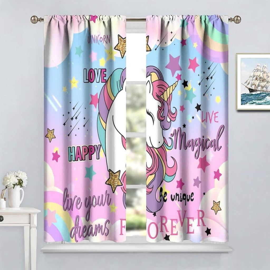 Unicorn Curtains Kids Room Colorful Cute Cartoon Rainbow Clouds Stars Print Window Treatments Drapes Curtain With Rod Pocket Polyester Perfect For