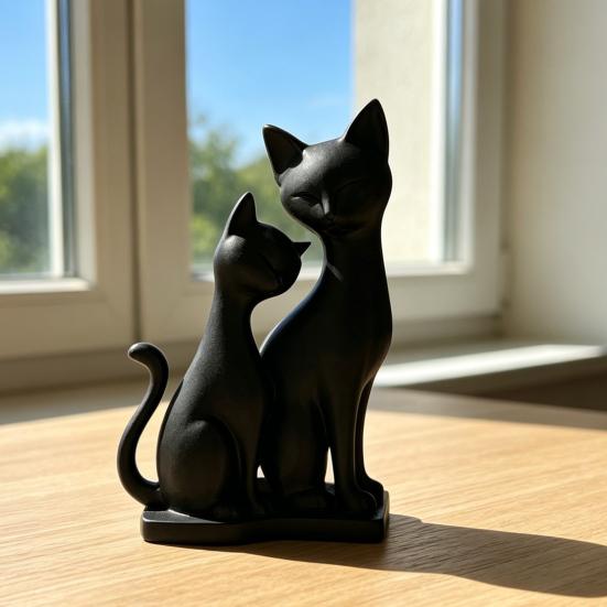 3D Printed Cat Figurine, 2 Cats Intertwining Sculpture, Modern Black Cat Statue for Home, Living Room, Office Desk, Shelf Decor