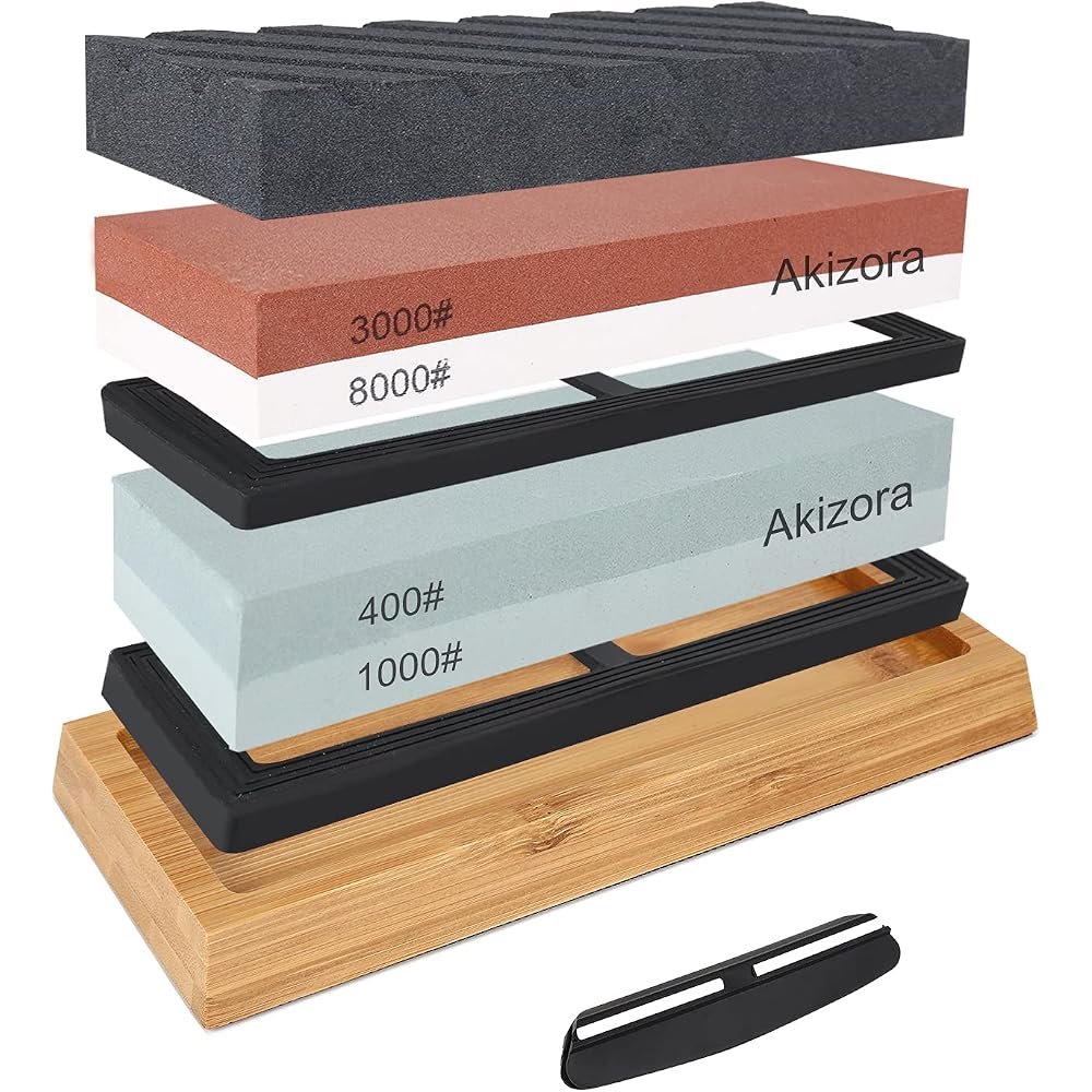 Akizora Whetstone, Knife Sharpener, 400, 1000, 3000, 8000, Double Sided, 2 Piece Set, Bamboo Anti...