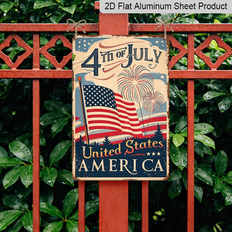 2D Flat Vintage 4th of July USA Flag Aluminum Sign Independence Day Decor 4th of July Party, Independence Day Decor, Patriotic Backyard, Summer