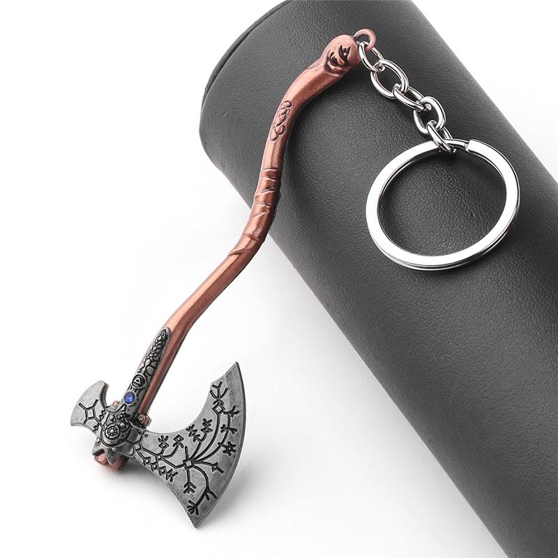 Punk Fashion Jewelry God Of War 4 Kratos Axe Keychains Exquisite Crystal Carved pattern Axe Pendant key holder Souvenir jewelry