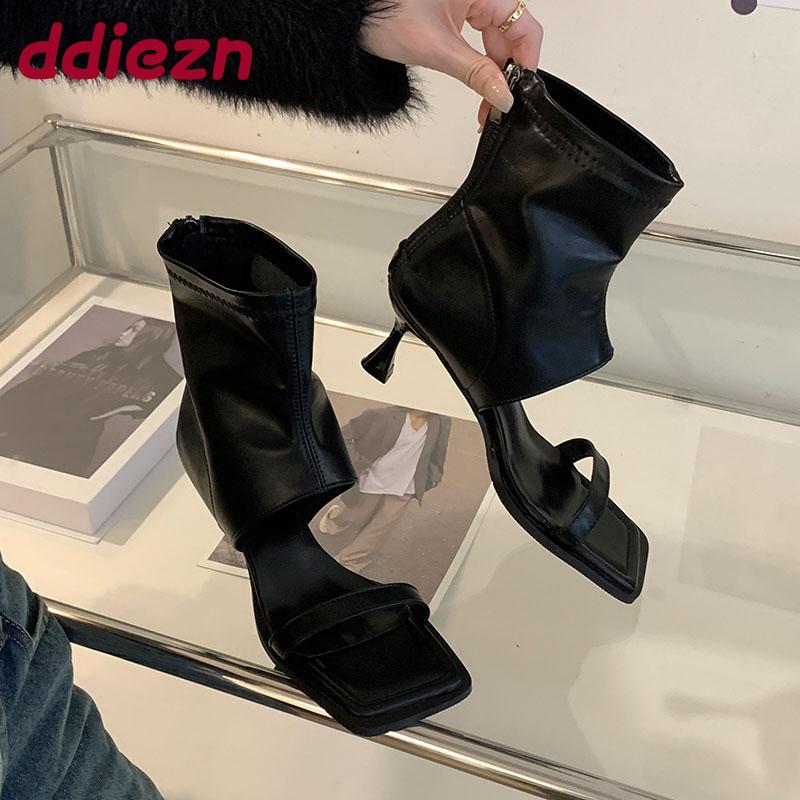 Fashion Open Toe Footwear Thin Heels Modern Women Ankle Booties Shoes Fashion Zippers Female Heeled Sandals Boots Shoes For Ladies Black