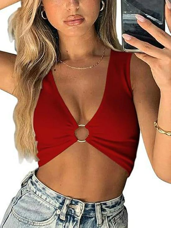 Summer Women's Sleeveless V-Neck Hollowed-Out Cropped Solid Color Vest