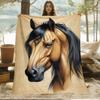 Custom 1Pc Horse Portrait On Beige Hd Printed Blanket. Soft And Warm Flannel Blanket For Travel, Camping, Sofa, Livingroom, Couc