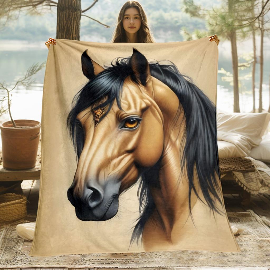 Custom 1Pc Horse Portrait On Beige Hd Printed Blanket. Soft And Warm Flannel Blanket For Travel, Camping, Sofa, Livingroom, Couc