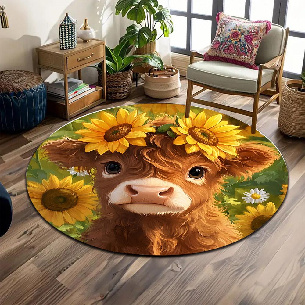 Cow with Sunflower Crown In Field Print Round Rug, Living Room, Bedroom, Playroom Carpet, Non Slip Floor Mat, Gift