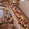 Holiday Entryway Stair Garland Santa Sleigh Railing Decor, Warm LED Lighted Snowy Banister Decoration, Pre-Lit Christmas White Lighting with