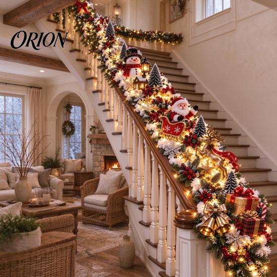 Holiday Entryway Stair Garland Santa Sleigh Railing Decor, Warm LED Lighted Snowy Banister Decoration, Pre-Lit Christmas White Lighting with