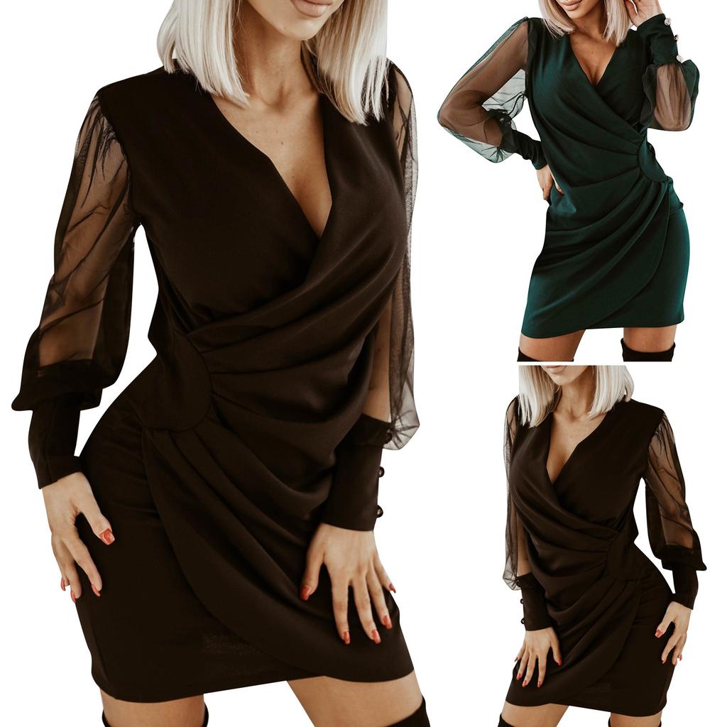 Spring V-neck Solid Color Mesh Long Sleeved Elegant Dress