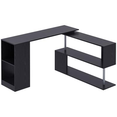 Mesa de Canto Economizadora de Espaço com Prateleira em Forma de S, Mesa de Madeira Moderna, 140x120x78 cm, Preta