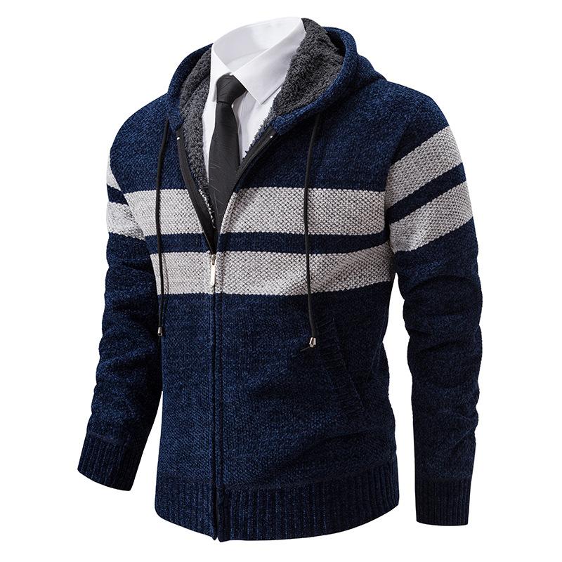 Men's Fall Winter New Fleece Lined Thick Hooded Knit Cardigan, Casual Sweater Outerwear