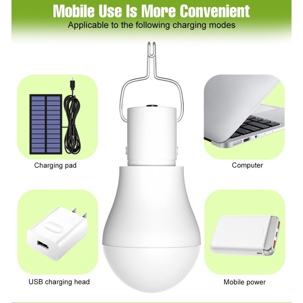 LED Solar Bulb Outdoor Camping Lamp Garden 15W Rechargeable Charge Light Courtyard Decoration Hanging USB Indoor Emergency Bulbs