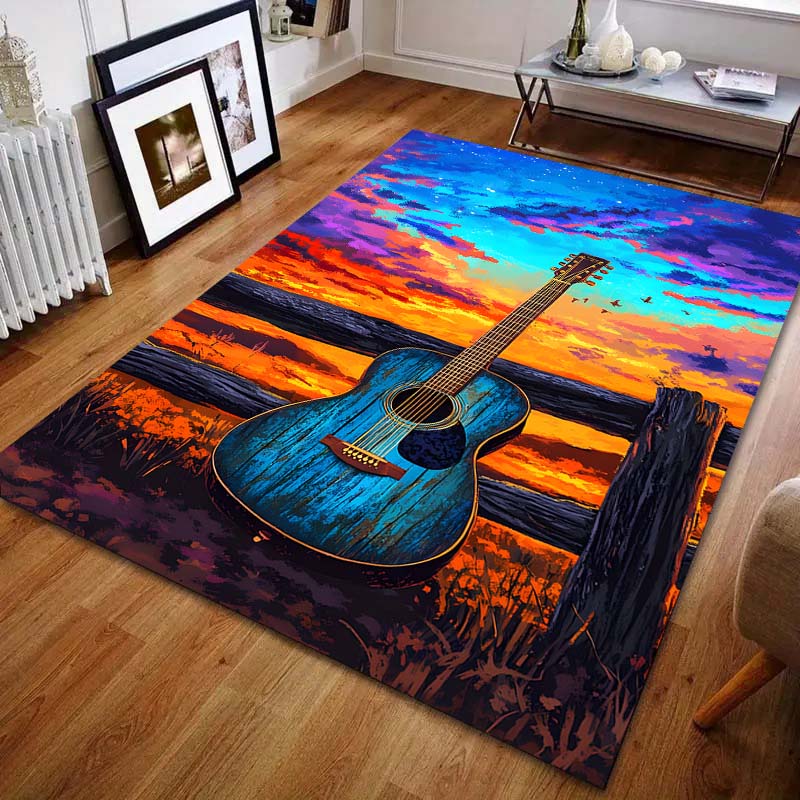 Guitar In The Sunset Print Carpet for Bedroom Living Room Bedside Sofa Floor Mat Modern Home Decor Play Area Rug Large Size