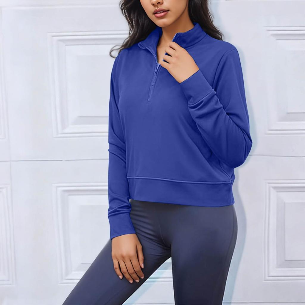 Women's Quarter Zip Pullover Sweatshirt Loose Fit Casual Solid Color Long Sleeve Sweatshirt with Ribbed Cuffs and Hem