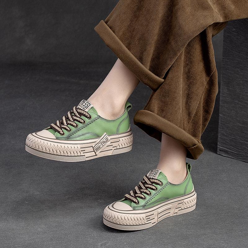 Fashion GKTINOO 2025 New Spring Genuine Leather Women Shoes Sneakers Lace-up Sewing Flat Handmade Leisure Comfortable Ladies Shoes