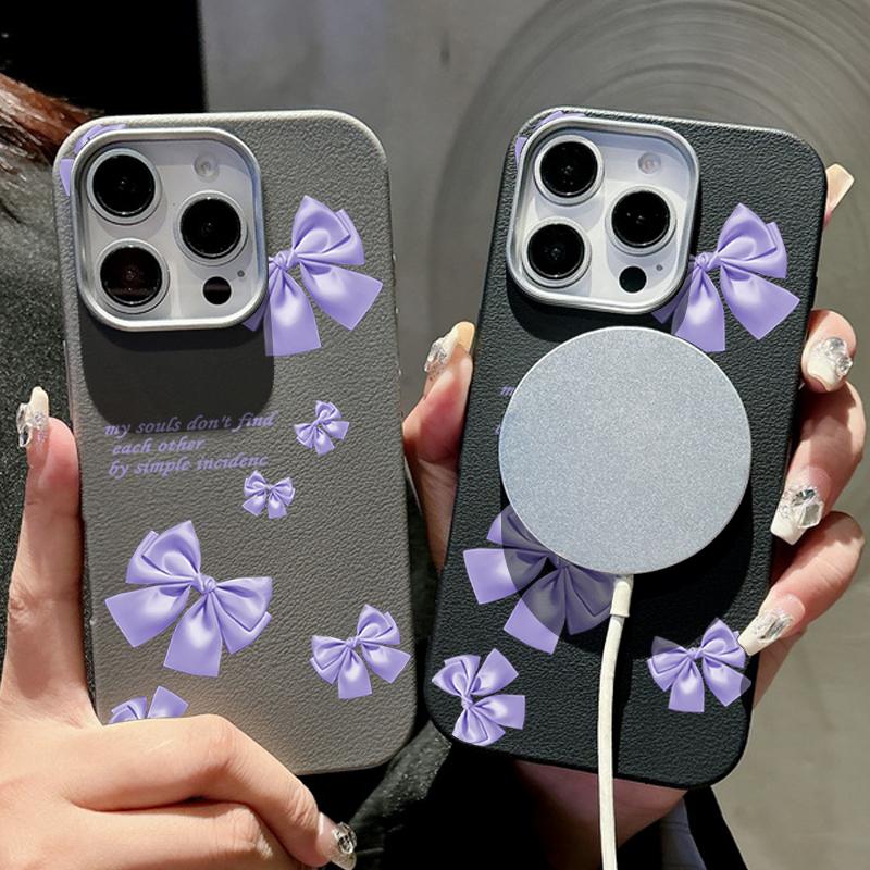 Purple Bowknot Print TPU Leather Texture Slim Magnetic Case For iPhone 16 Pro Max 15 14 Pro 13 12 11 for MagSafe Matte Shockproof Soft Phone Cover