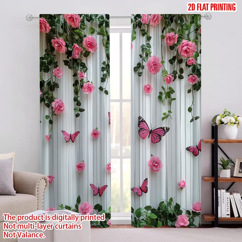

2D flat printing 2pcs Party Curtain Butterfly and Pink Rose Versatile Durable Polyester,Without Electricity Family Party 52.50 × 116.00 cm 2 pcs