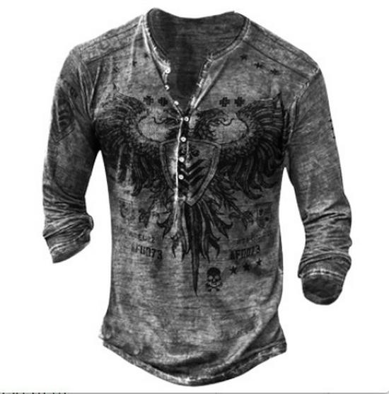 Evropské a americké slim fit plus size tičko bez límečku s potiskem, ležérní s dlouhým rukávem