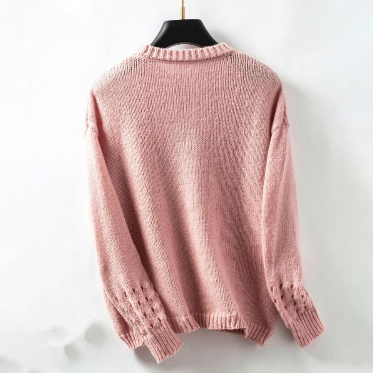 Vintage Autumn Winter Loose Knitwear Sweater Long Sleeve Solid Color Cardigan O Neck Top