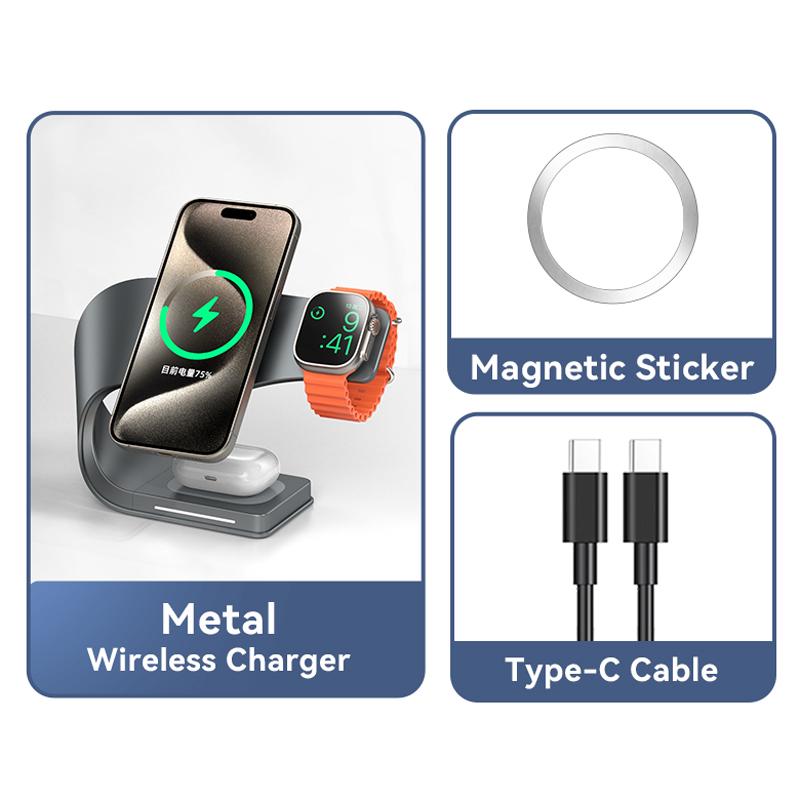 Wireless Charger Stand Metal Shell Magnetic 15W Fast Charging Station Stand for iPhone 12-17 Mobile Phones Airpods Watch 4 in 1